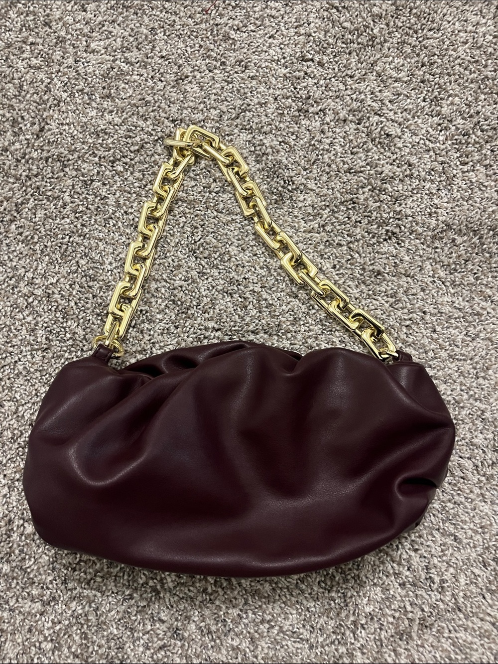 Bottega Veneta Burgundy Ruched Shoulder Bag with Gold Chain